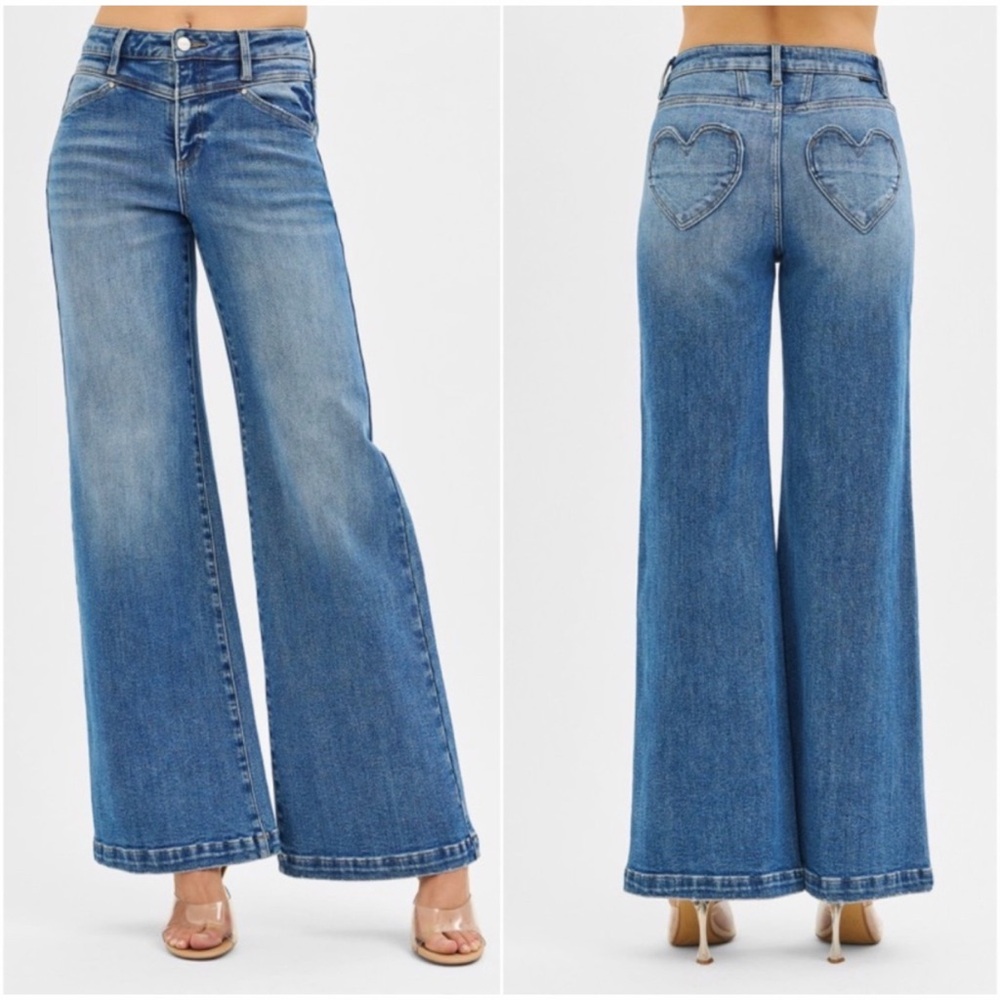 Risen Medium Wash High Waist Stretchy Wide leg Denim Jeans